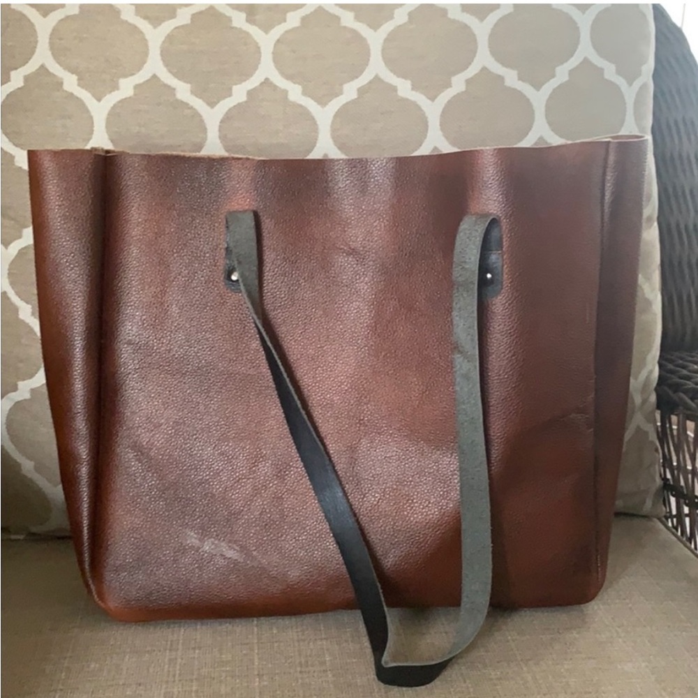 Genuine Cognac Brown Black Leather Tote Handbag